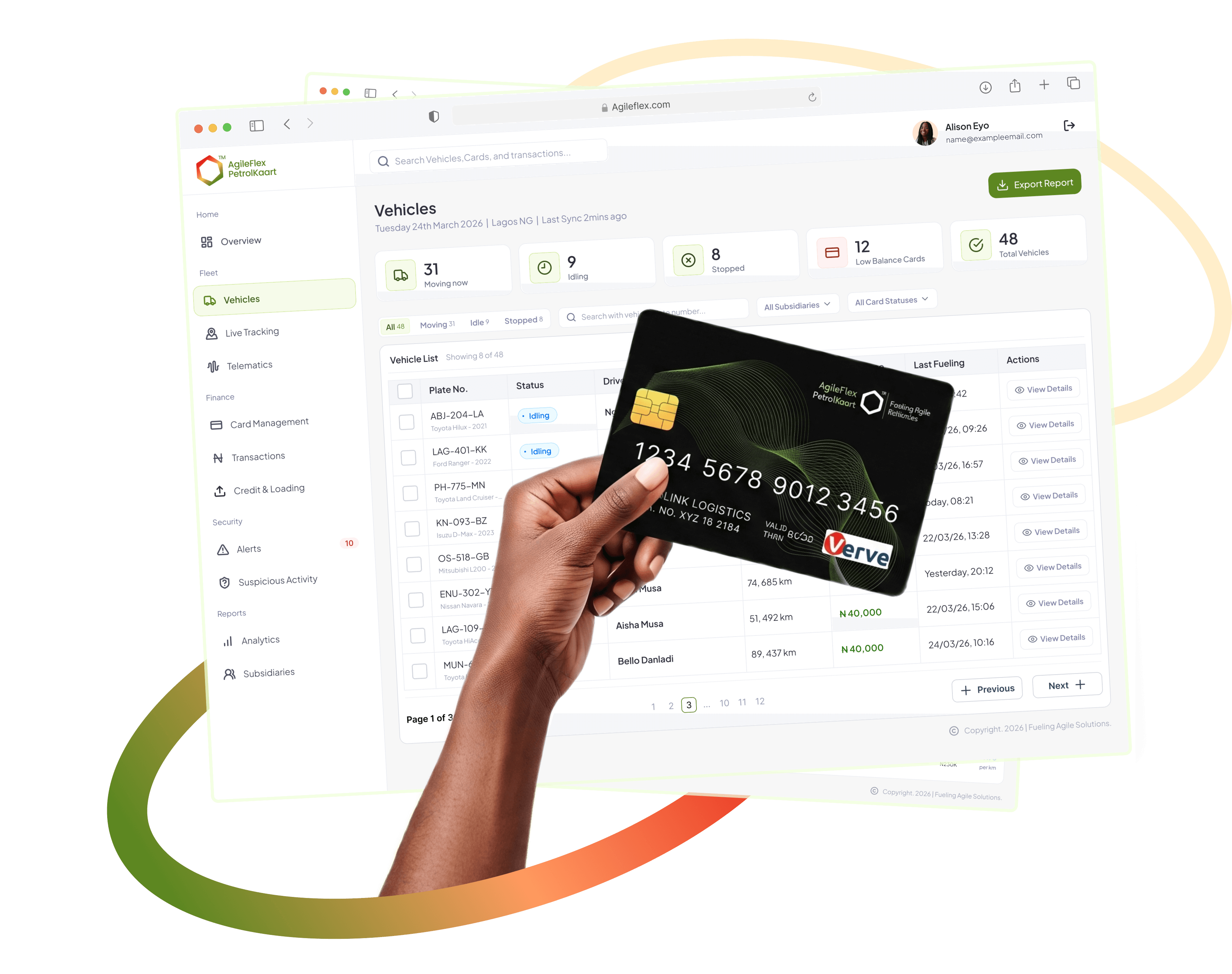 A hand holding an AgileFlex PetrolKaart card in front of the fleet vehicle dashboard, showing vehicle status, card balances, and transaction history