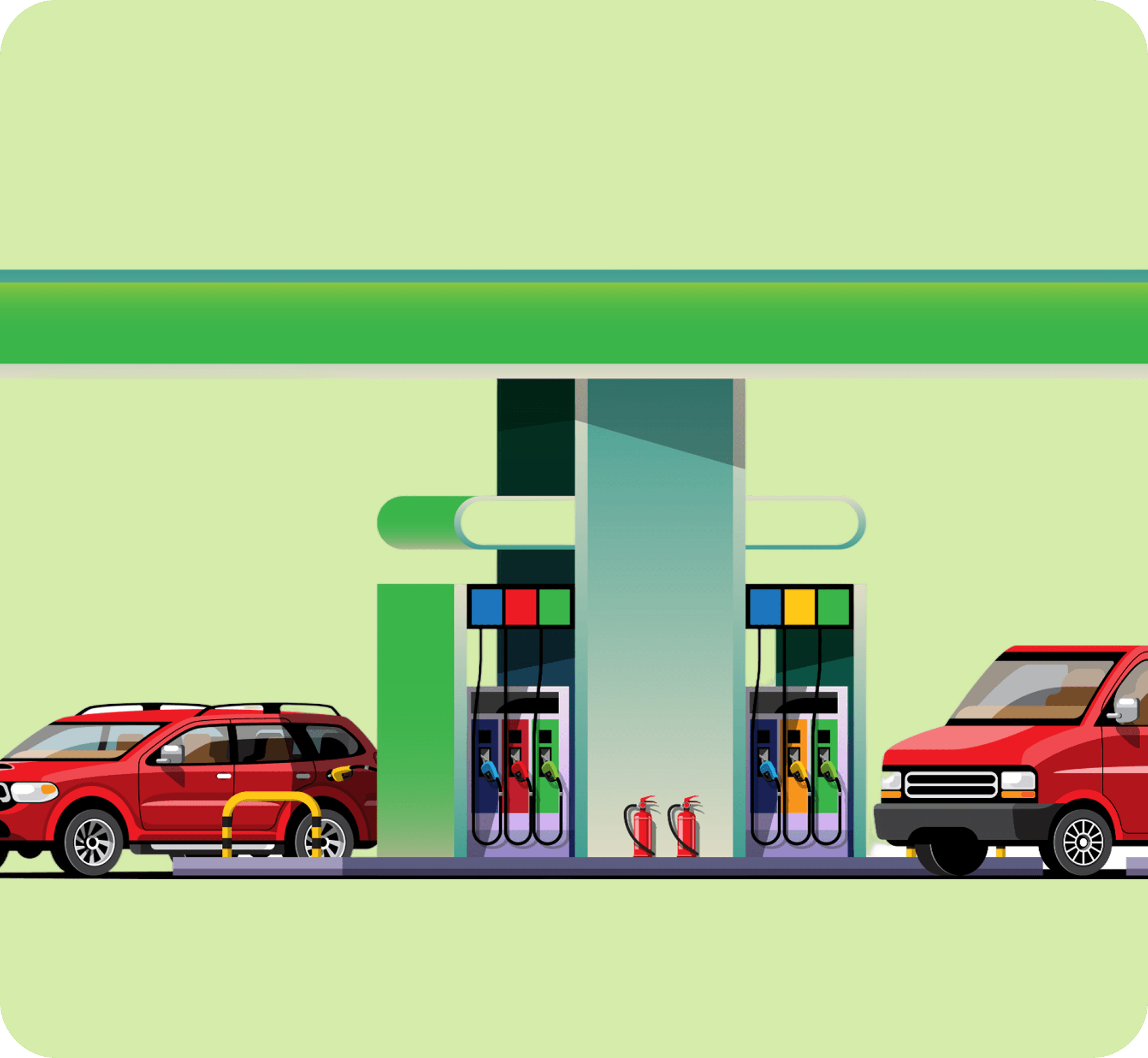 Illustration of vehicles fueling up at a gas station