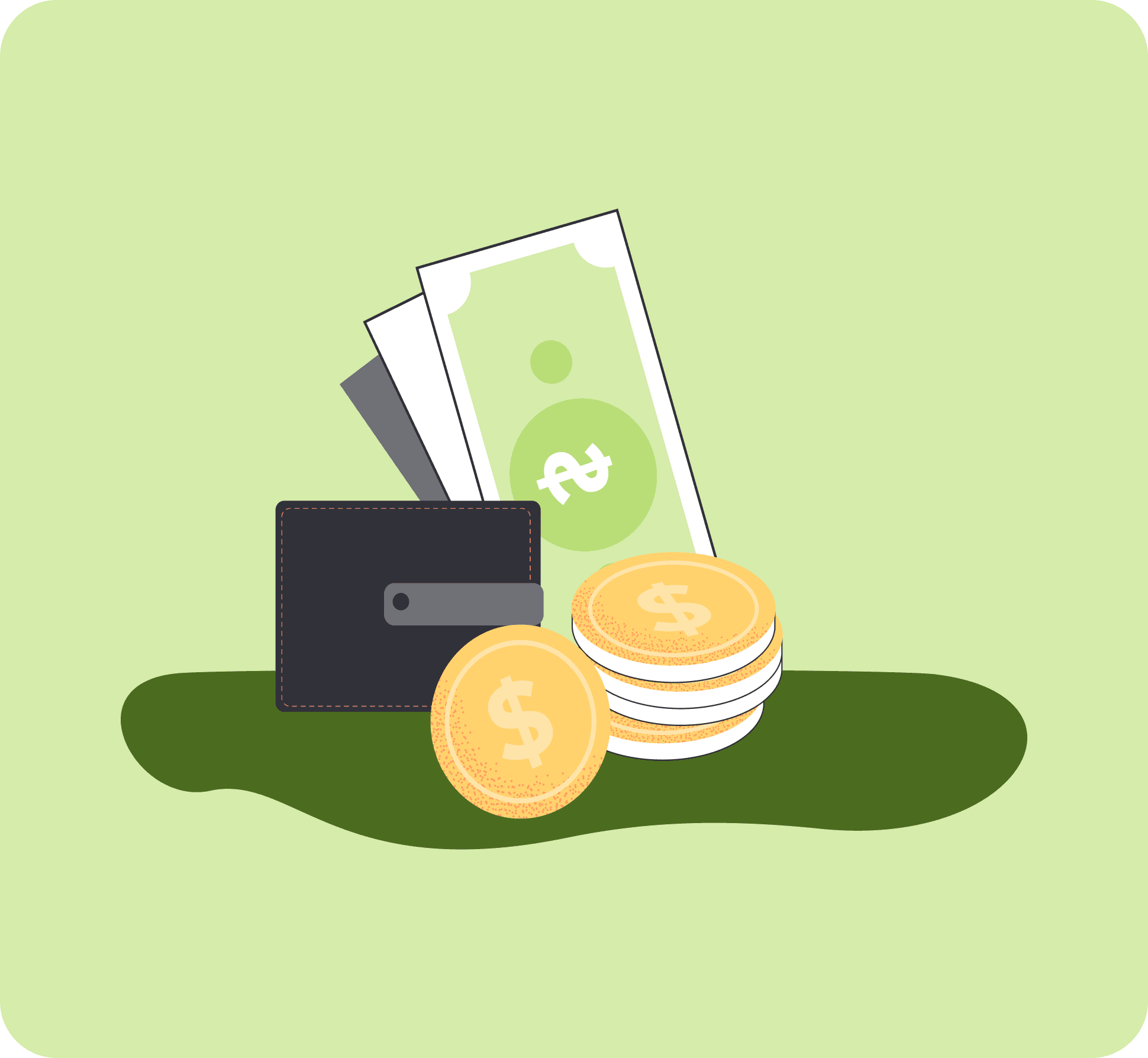 Illustration of cash, a wallet, and coins representing card funding limits