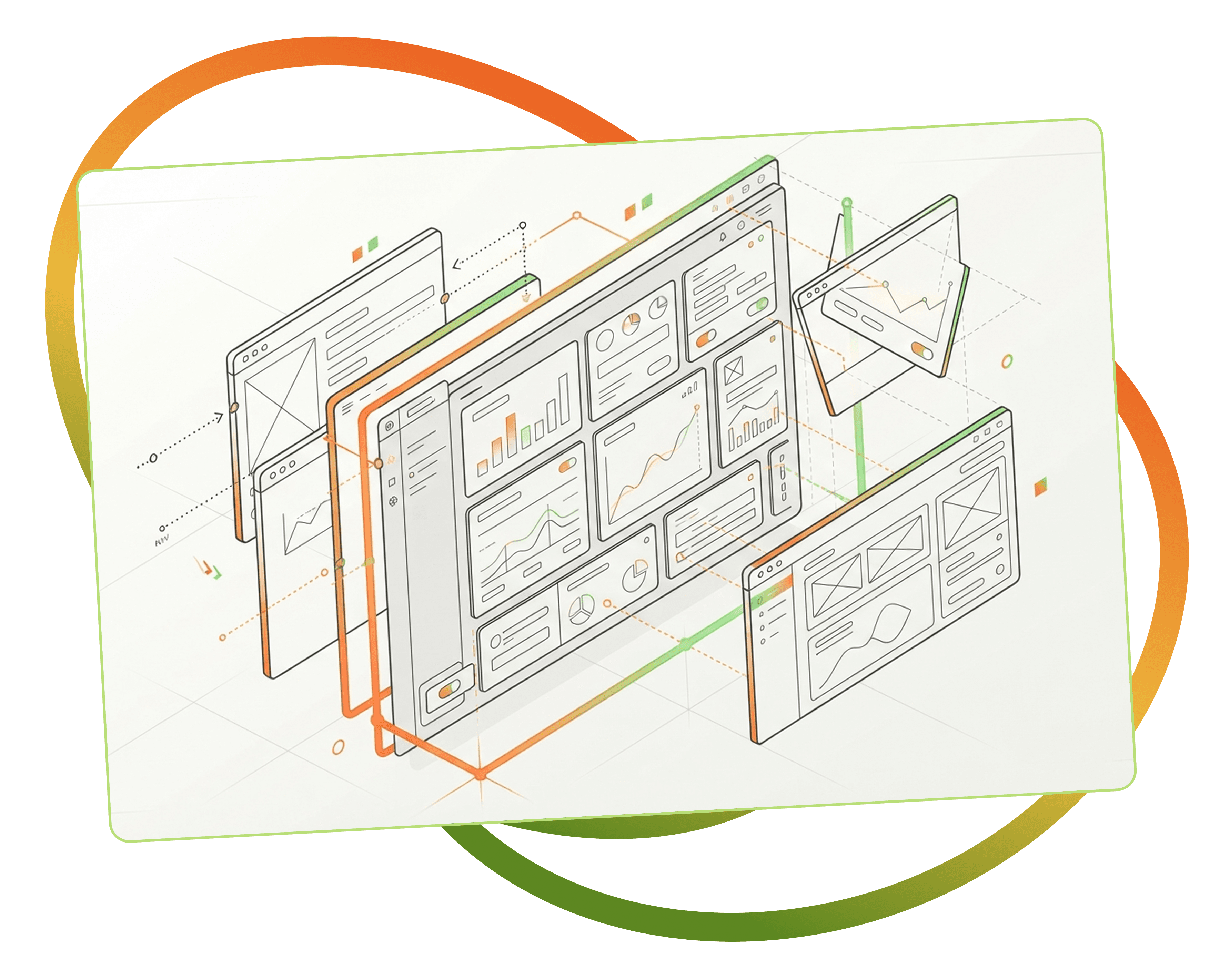 Isometric illustration of custom dashboards, charts, and integrations