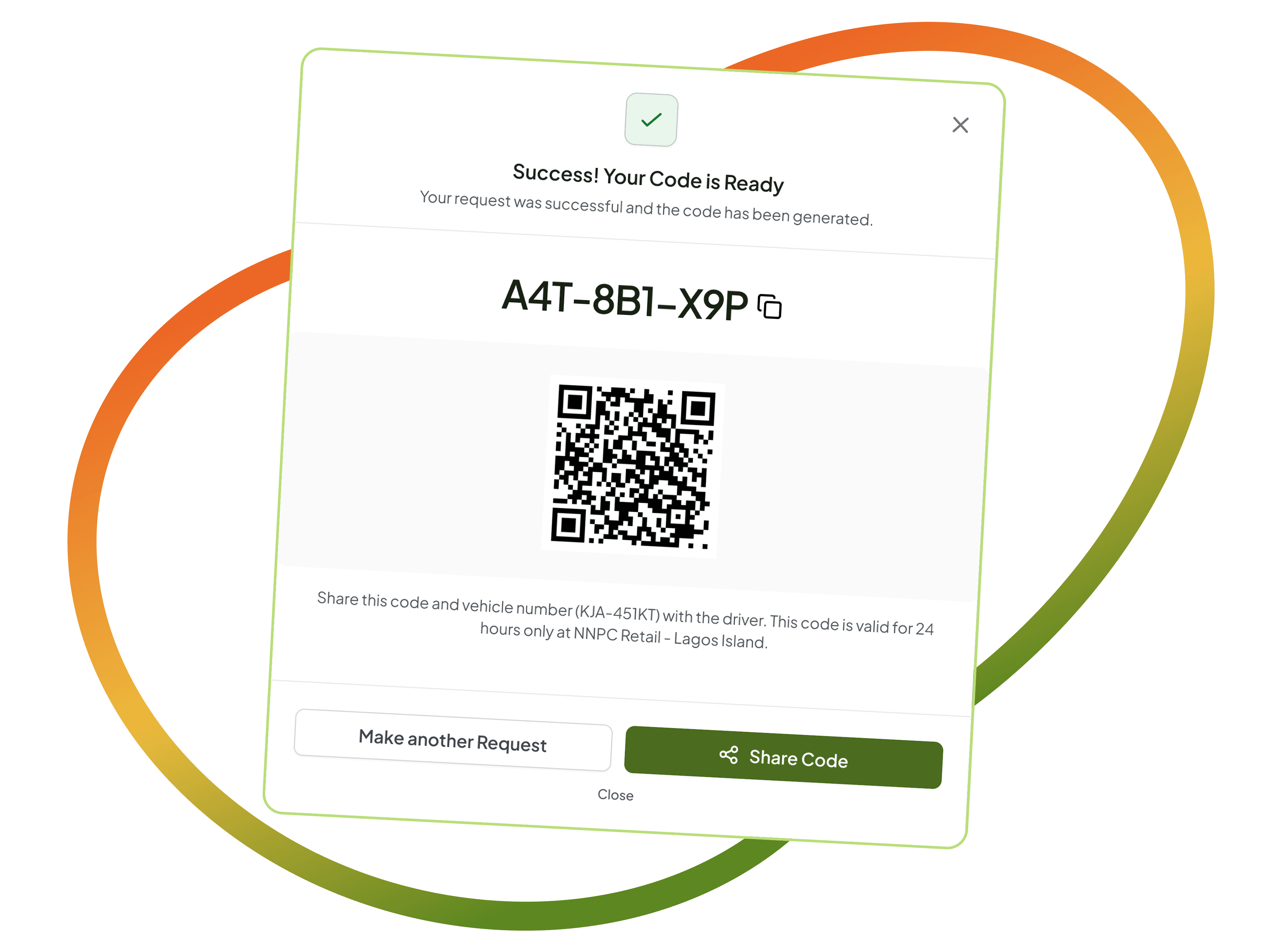 Virtual Volume Fuel-Up success screen showing a generated redemption code and QR code