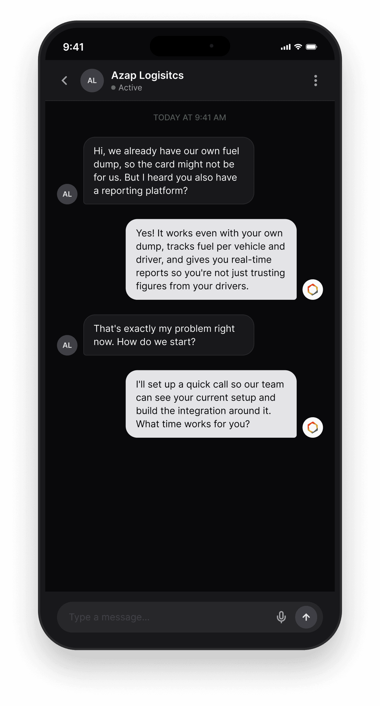 A chat conversation describing a business's fuel operation problem