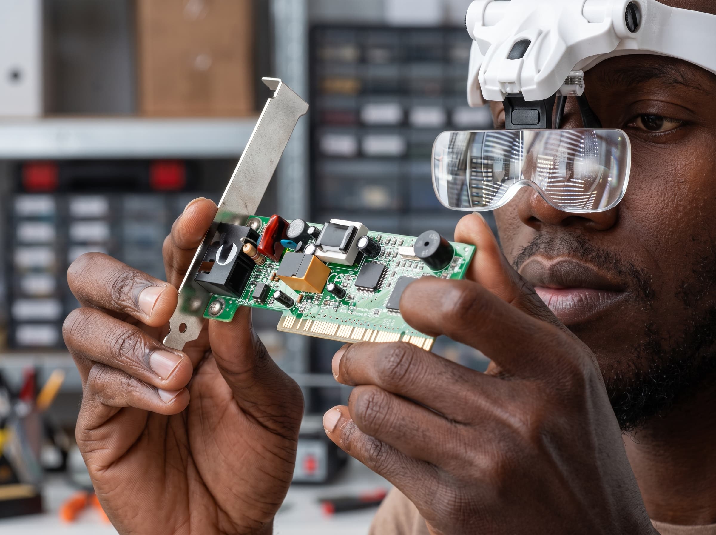 Hands working on a circuit board with AR goggles, representing hardware integration