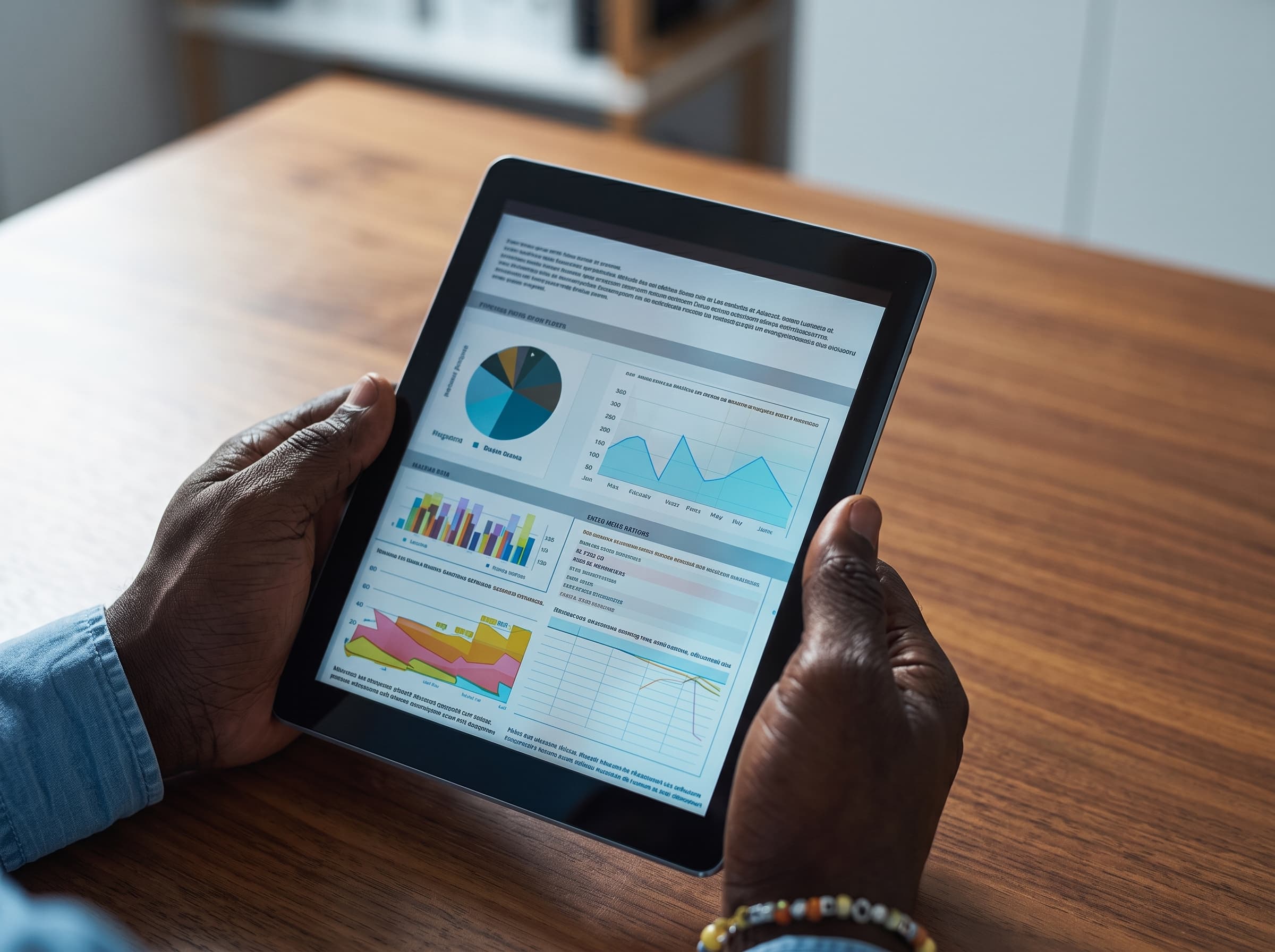 Hands holding a tablet showing automated spend reporting charts