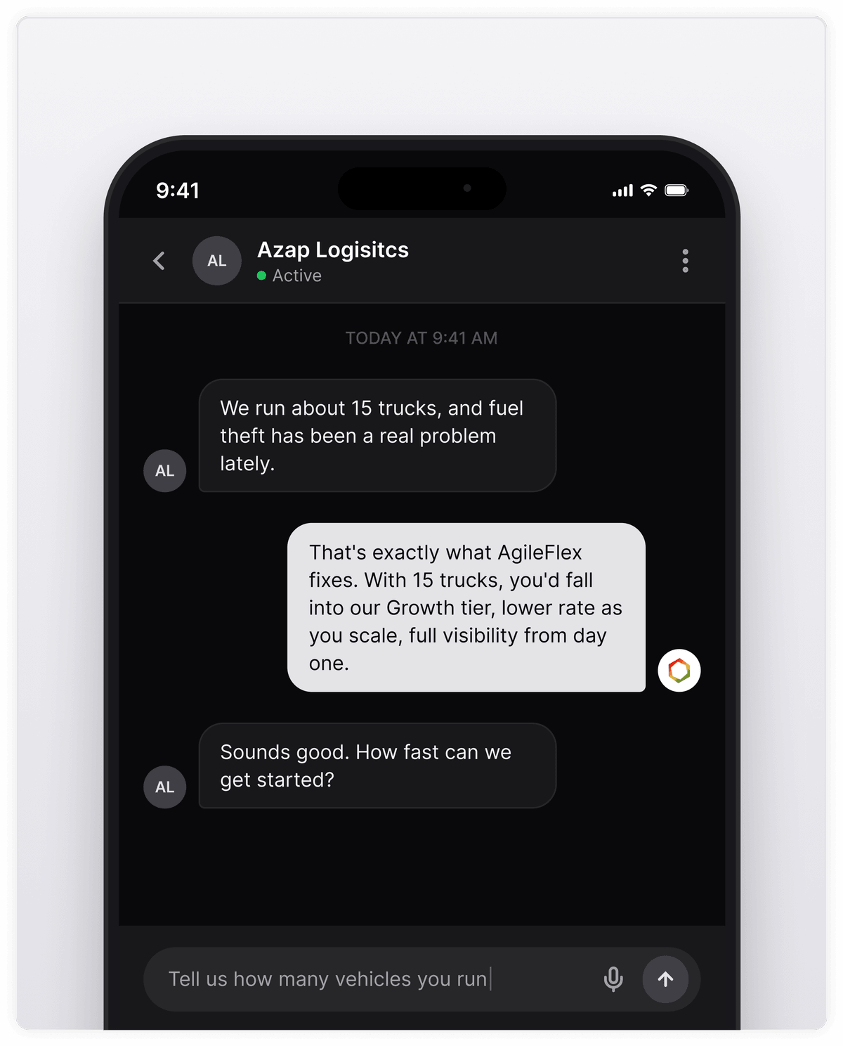 Chat conversation about setting up a fleet fuel card account