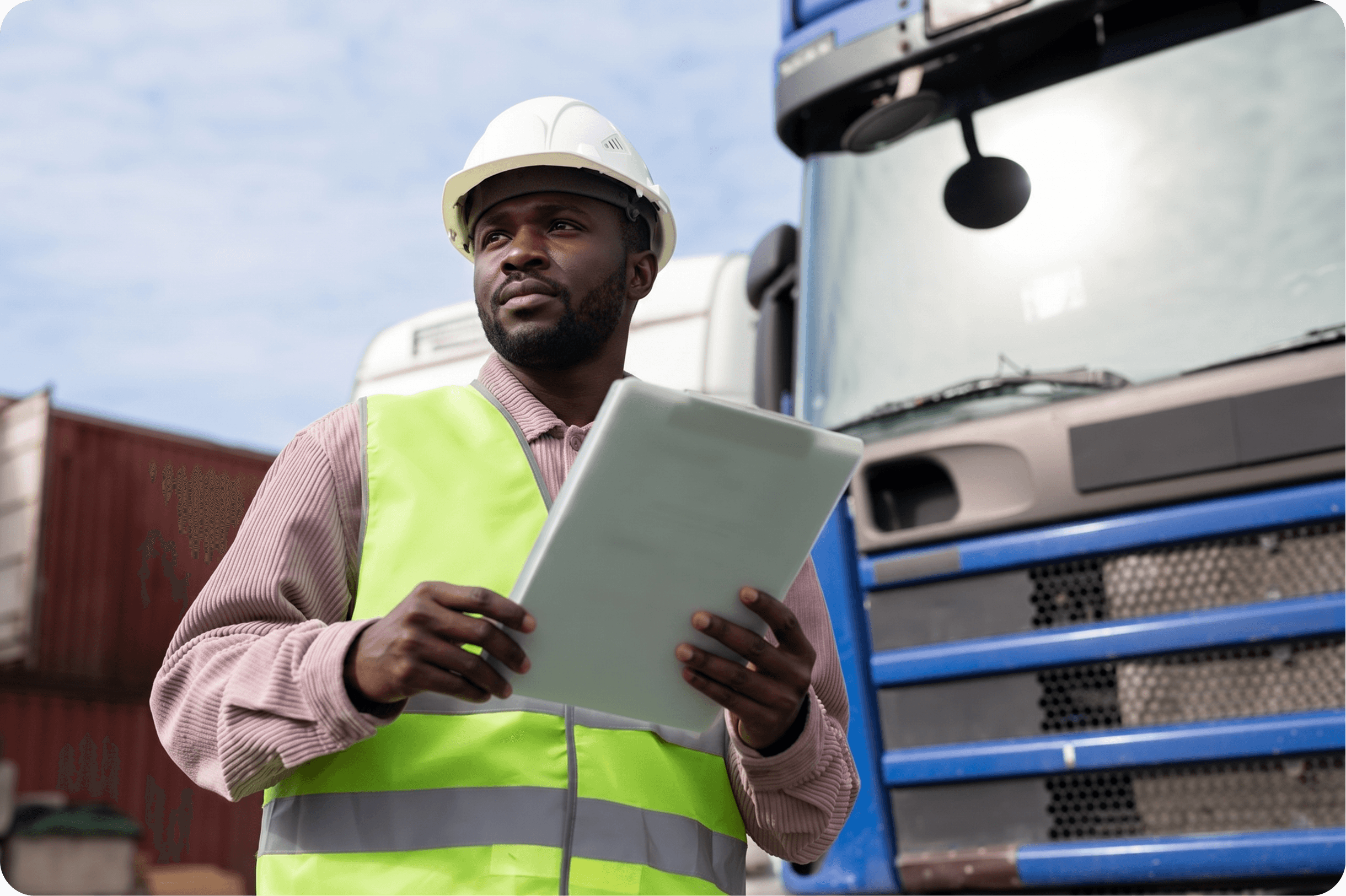 A fleet operations manager reviewing a clipboard near a truck