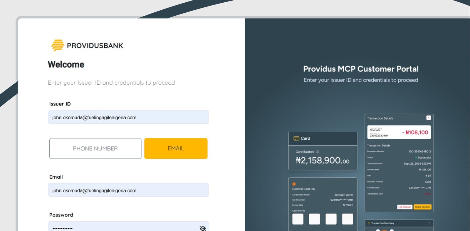 Providus Bank MCP Customer Portal login and card management screen