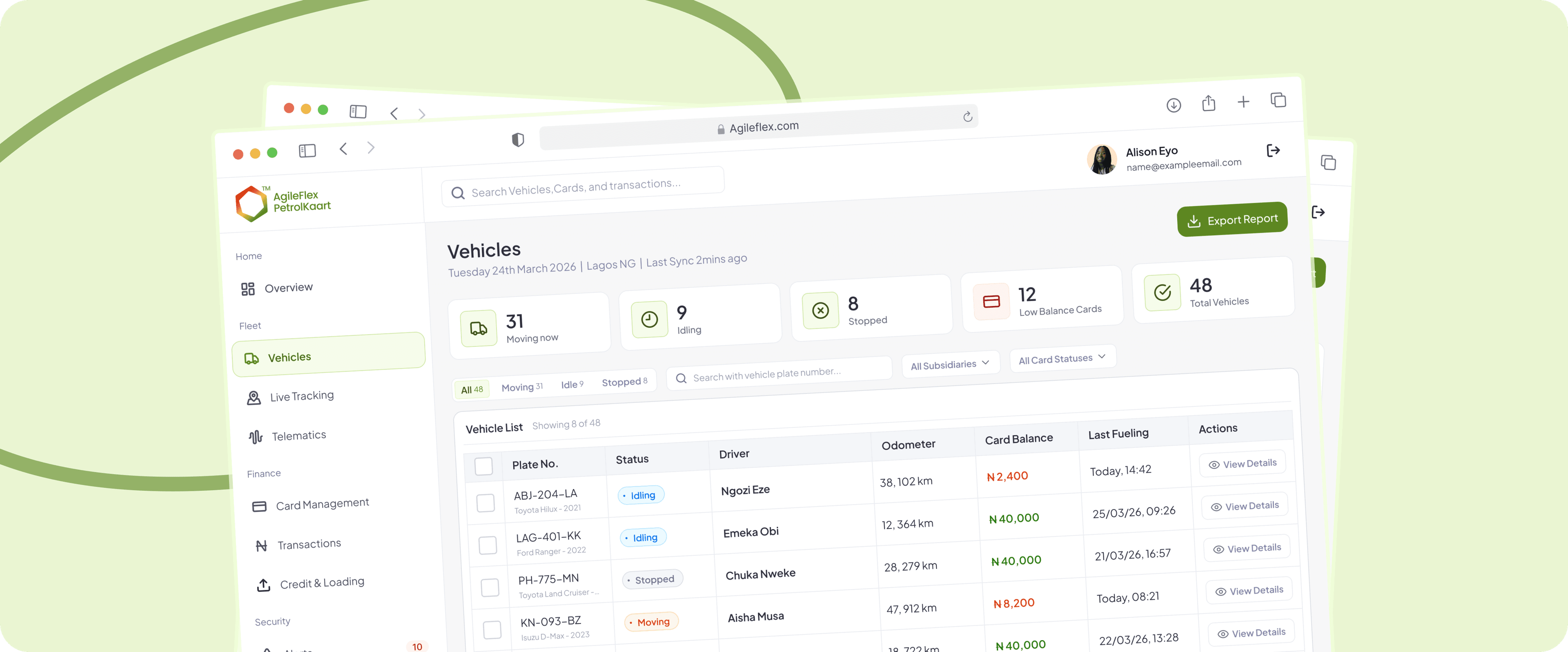AgileFlex PetrolKaart vehicles dashboard showing fleet status, vehicle list, and card balances