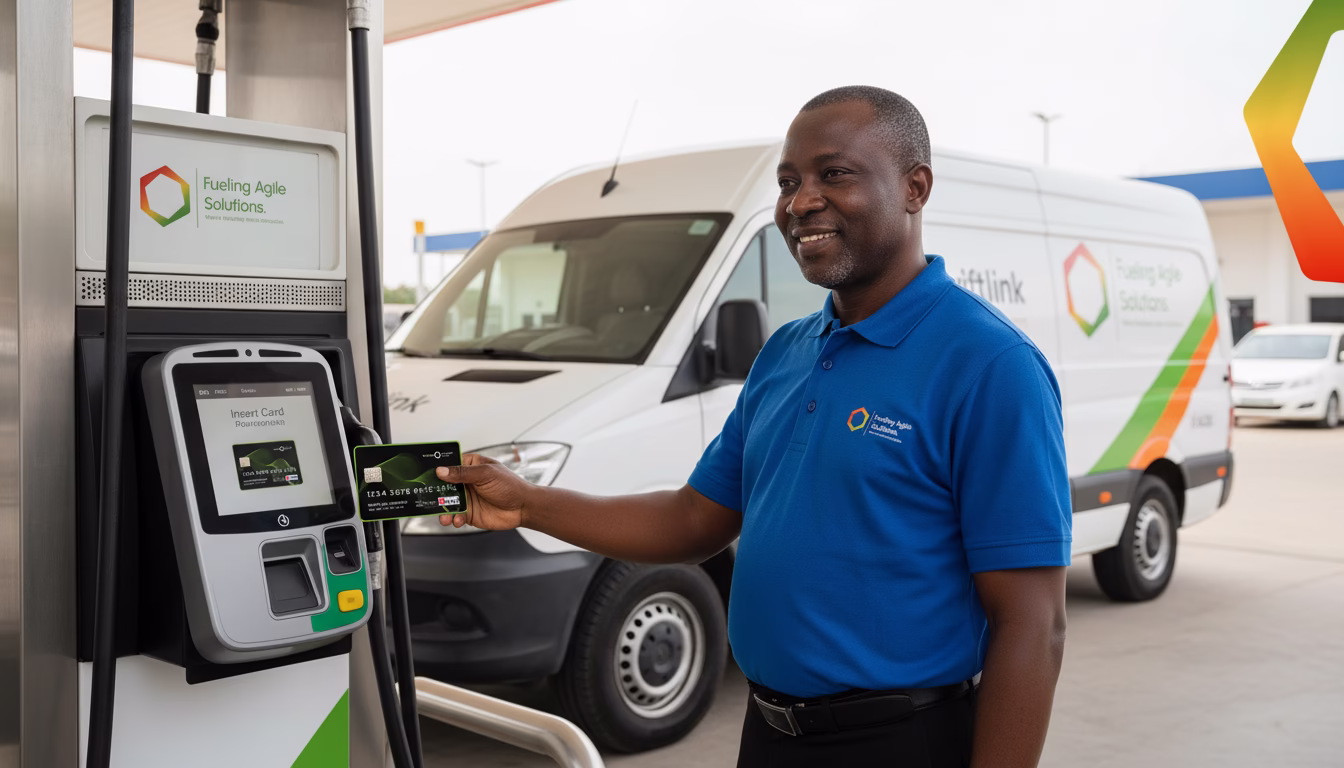 A Nigerian commercial vehicle at a fuel station using the Agileflex fuel card